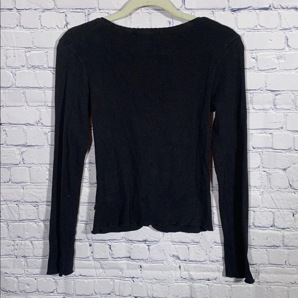 Lucky Brand Womens Y2K Ribbed Long Sleeve Top Black Cinch Tie Front Sz L Fitted - Picture 6 of 6